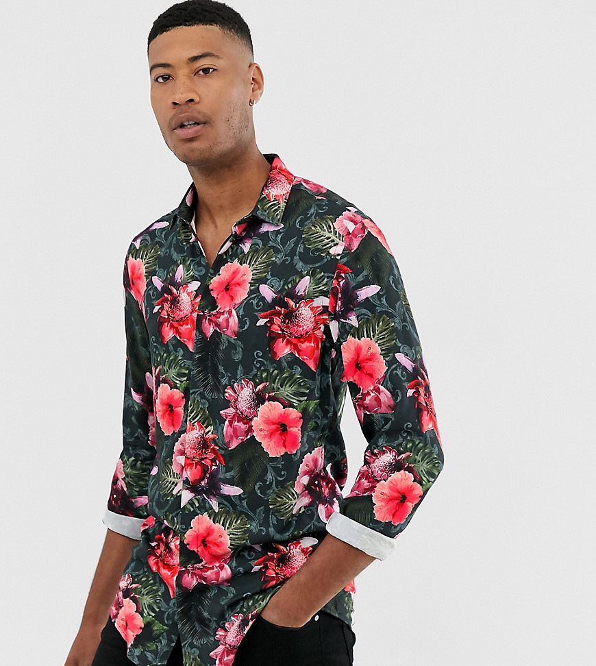 Twisted Tailor - Camicia super skinny con stampa tropicale a fiori-Nero