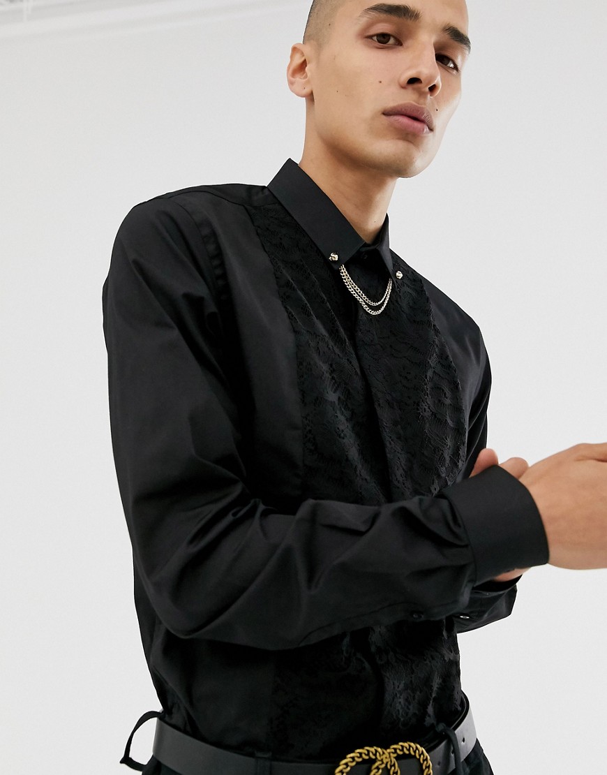 Twisted Tailor - Camicia super skinny nera con pannello in pizzo e barretta sul colletto-Nero