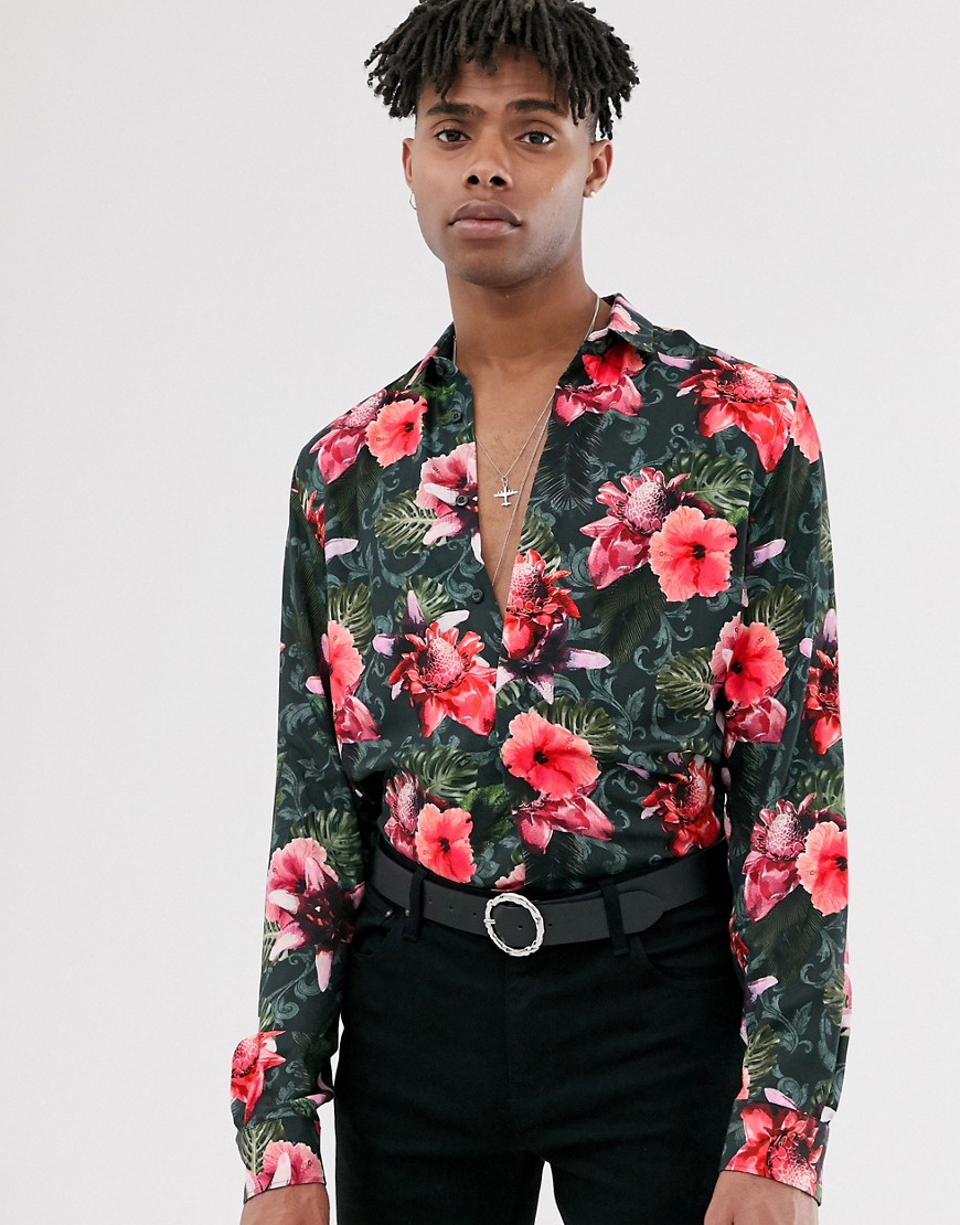 Twisted Tailor - Camicia vestibilità classica a fiori tropicali-Nero