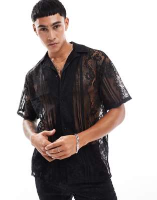 camp collar short sleeve lace shirt in black