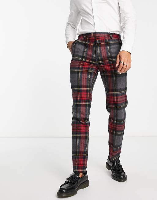 Twisted Tailor Cardosi slim fit smart pants in grey and red check with pocket chain