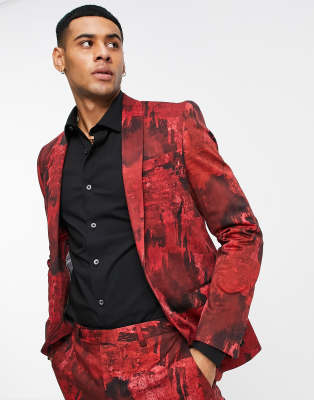 Twisted Tailor Cates skinny suit jacket in burgundy abstract print - ASOS Price Checker