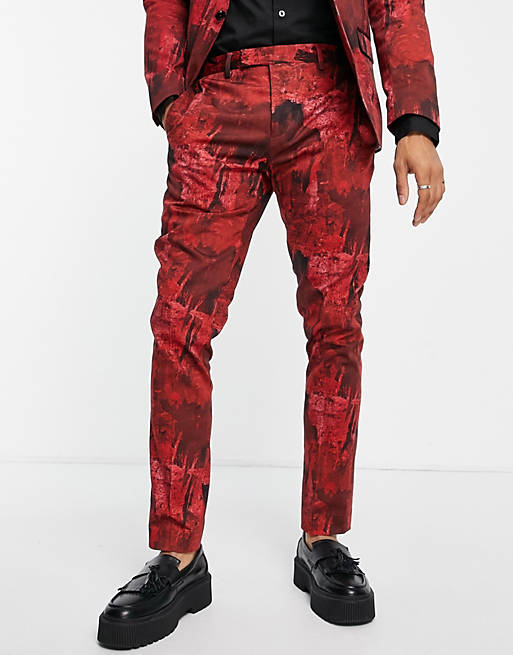  Twisted Tailor Cates skinny suit trousers in burgundy abstract print 