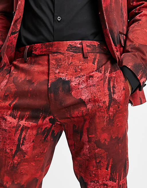  Twisted Tailor Cates skinny suit trousers in burgundy abstract print 