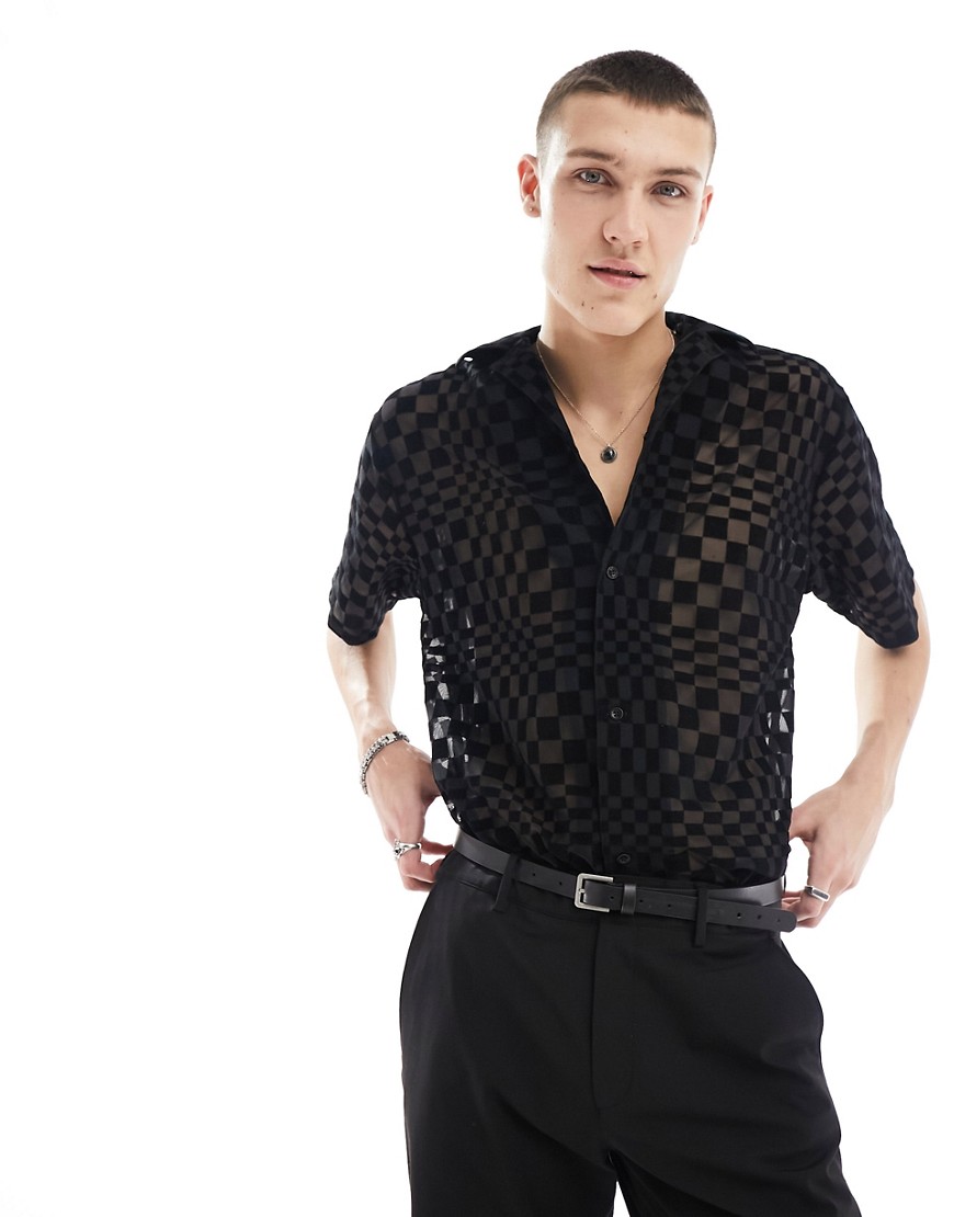 Twisted Tailor Checkerboard Burnout Short Sleeve Camp Collar Shirt In Black