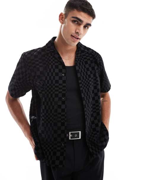 Twisted Tailor checkerboard short sleeve shirt in black - view 1