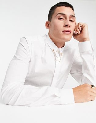 Chemises élégantes Twisted Tailor - Chemise ajustée à manches longues avec motif géométrique en jacquard et barre de col - Blanc