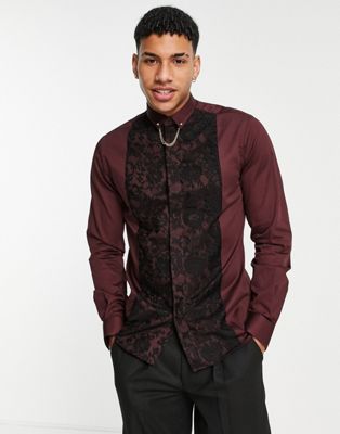Chemises élégantes Twisted Tailor - Chemise ajustée habillée avec empiècement en dentelle - Bordeaux