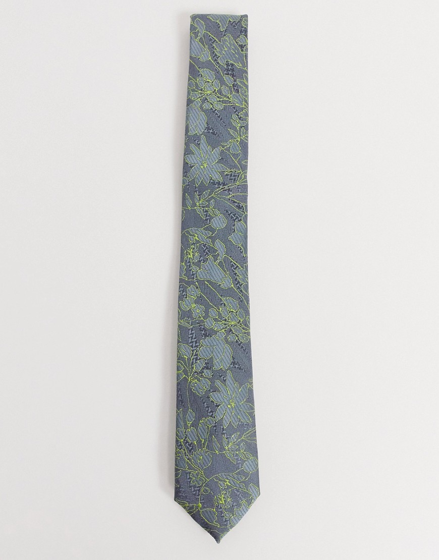 Twisted Tailor - Cravatta in jacquard grigio a fiori fluo
