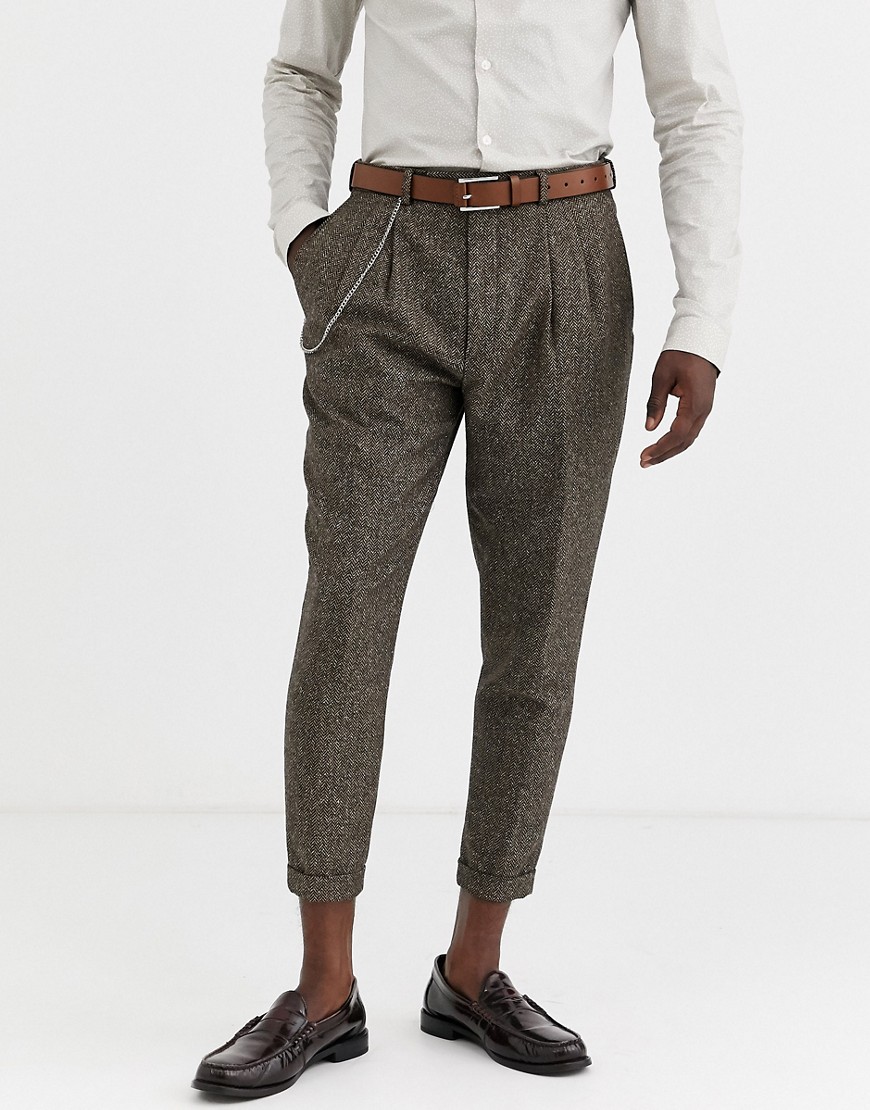 Twisted Tailor - Cropped pantalon met smaltoelopende pijpen en visgraatmotief-Bruin