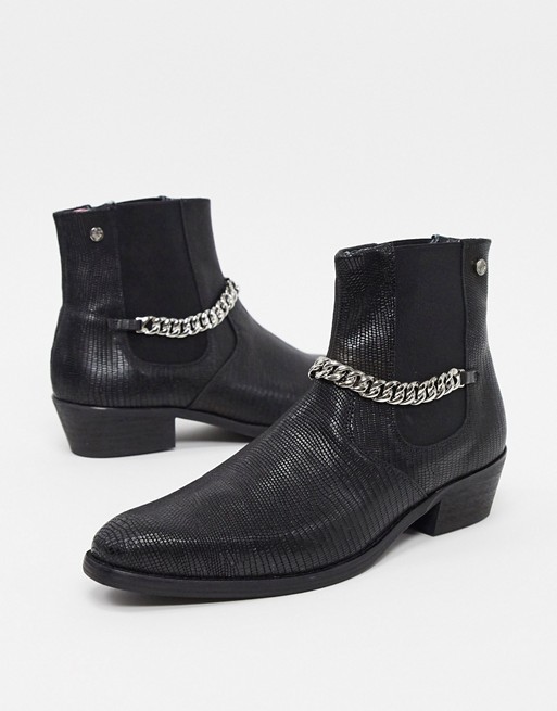 Twisted Tailor cuban heel boot with chain detail in black