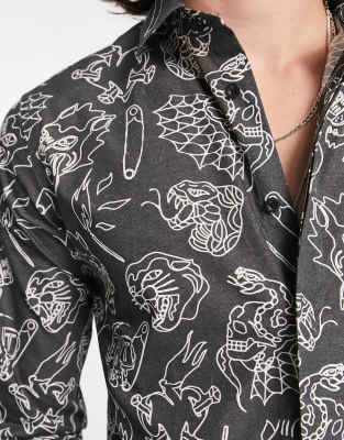 Decker - Camicia nera con stampa tattoo bianca-Nero - Twisted Tailor Camicia donna  - immagine2