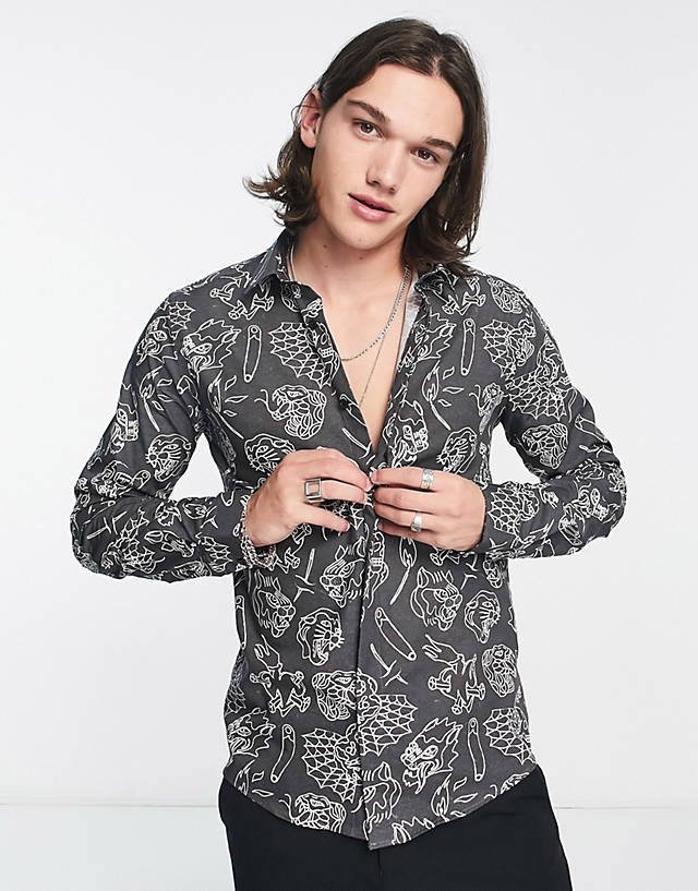 Twisted Tailor - decker shirt in black with white tattoo print