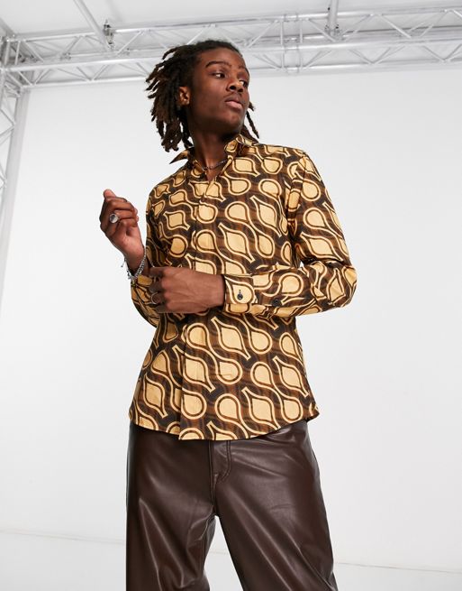 Twisted Tailor Dembele printed shirt in dark brown