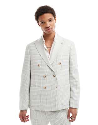 dogstooth double breasted slim suit jacket in sage green-Multi