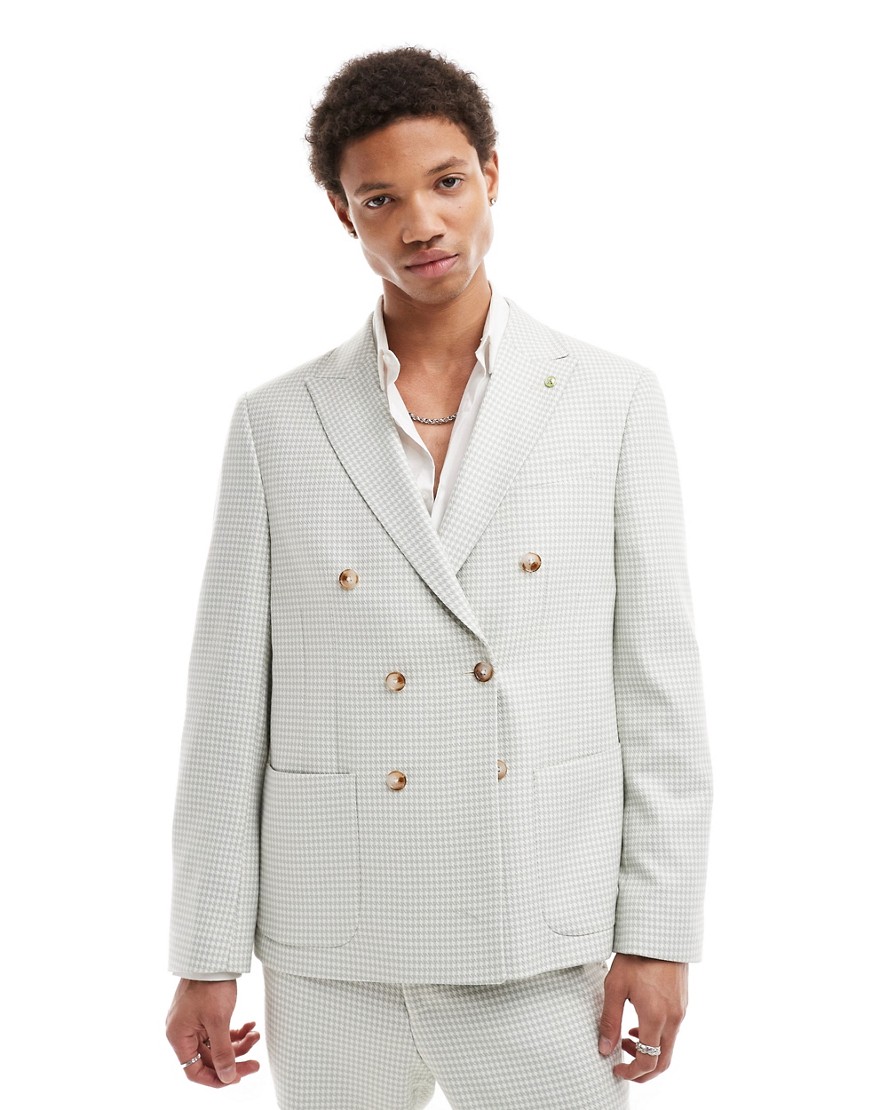 Twisted Tailor Dogstooth Double Breasted Suit Jacket In Sage Green-multi In White