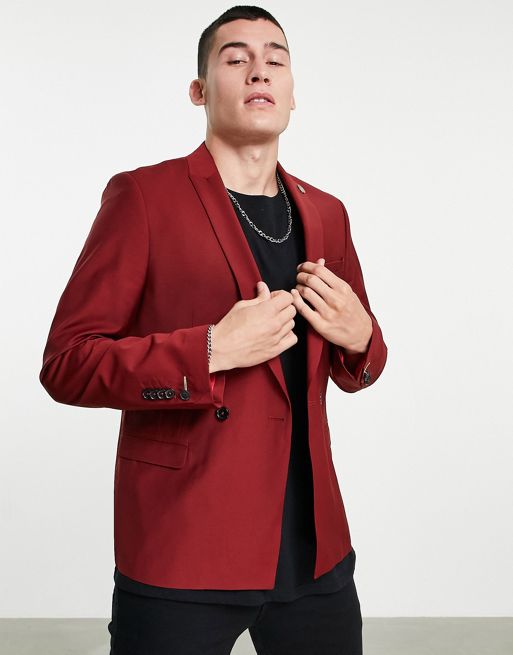 Twisted Tailor super skinny crushed velvet suit jacket in red