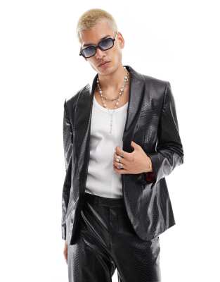 faux leather slim suit jacket in black - part of a set