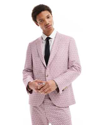 floral jacquard slim suit jacket in mauve-Multi