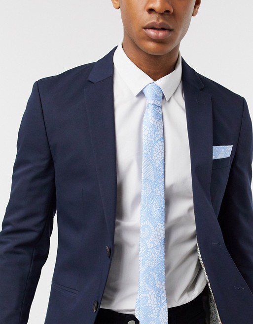 Twisted Tailor floral lace print tie with pocket square in blue