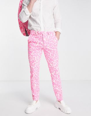 Twisted Tailor garcia skinny fit suit trousers in light pink with leopard flocking