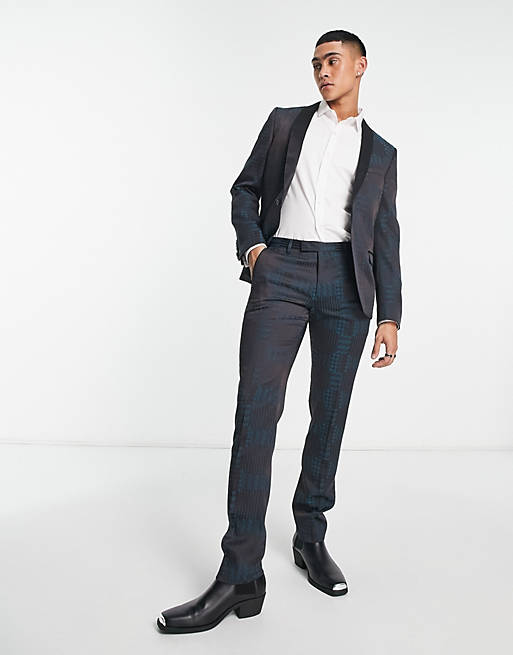 Twisted Tailor garland skinny suit jacket in black with teal ...