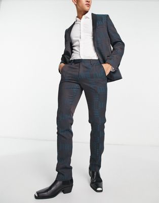 garland skinny suit pants in black with teal houndstooth jacquard