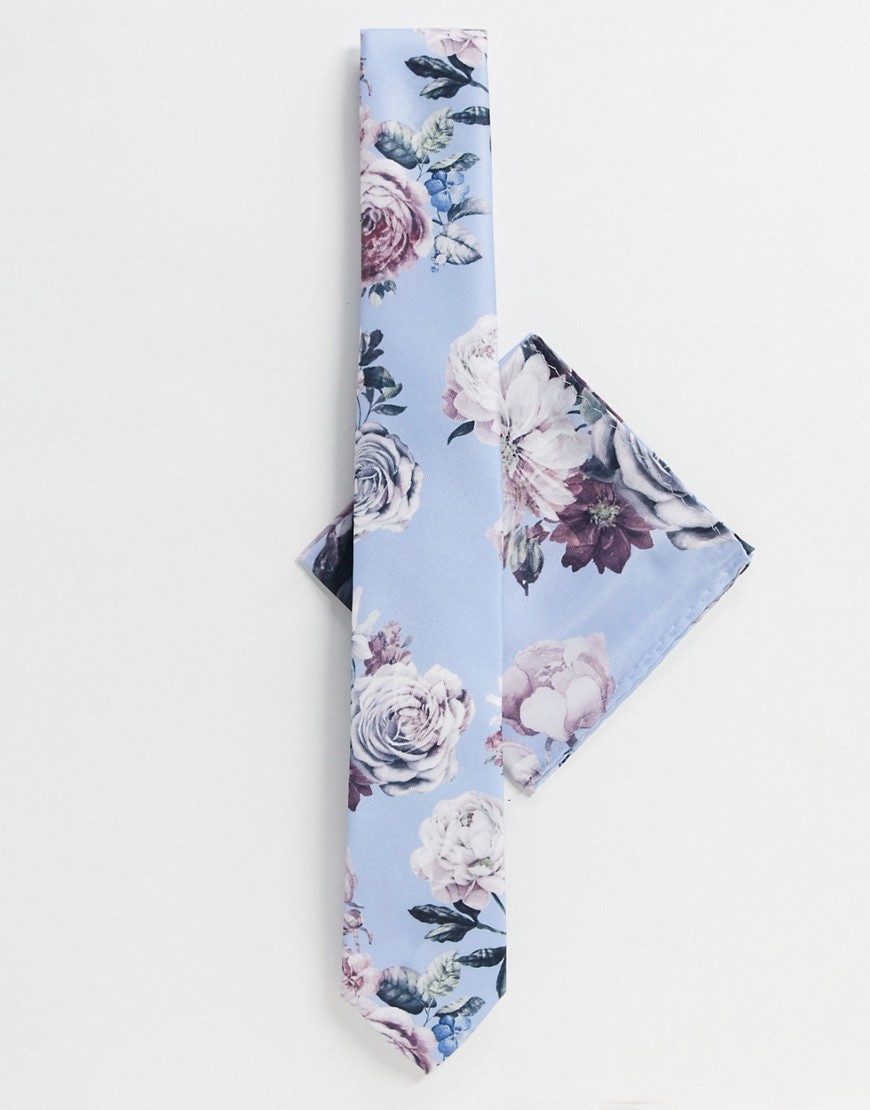 Twisted Tailor - Gebloemde stropdas en pochette in blauw