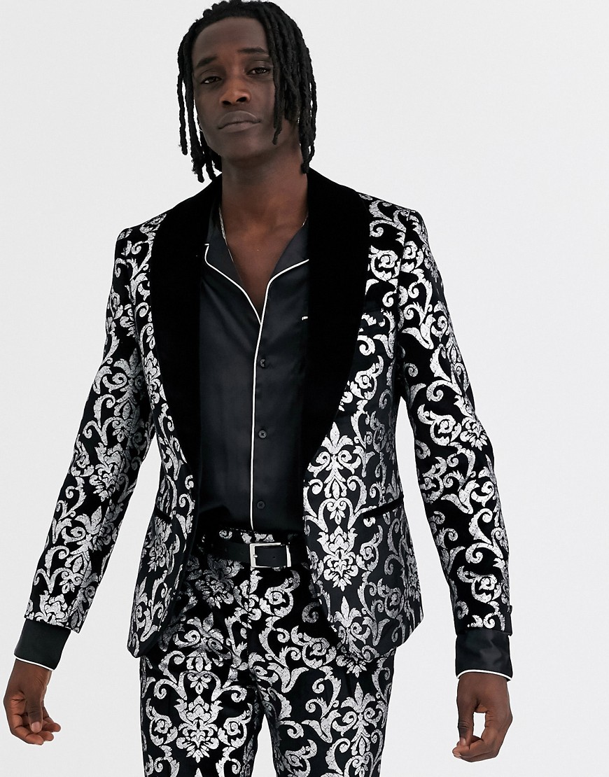 Twisted Tailor - Giacca da abito skinny in velluto nero con stampa argento
