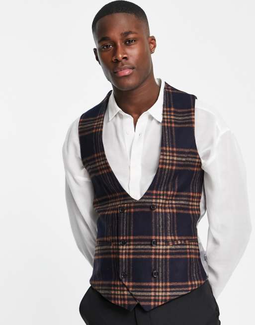 Twisted Tailor - Gilet in marineblauw met bruine ruiten
