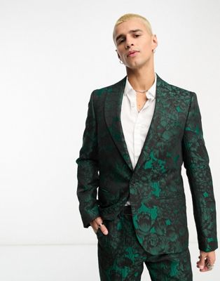 Twisted Tailor gilmour suit jacket in green textured floral jacquard