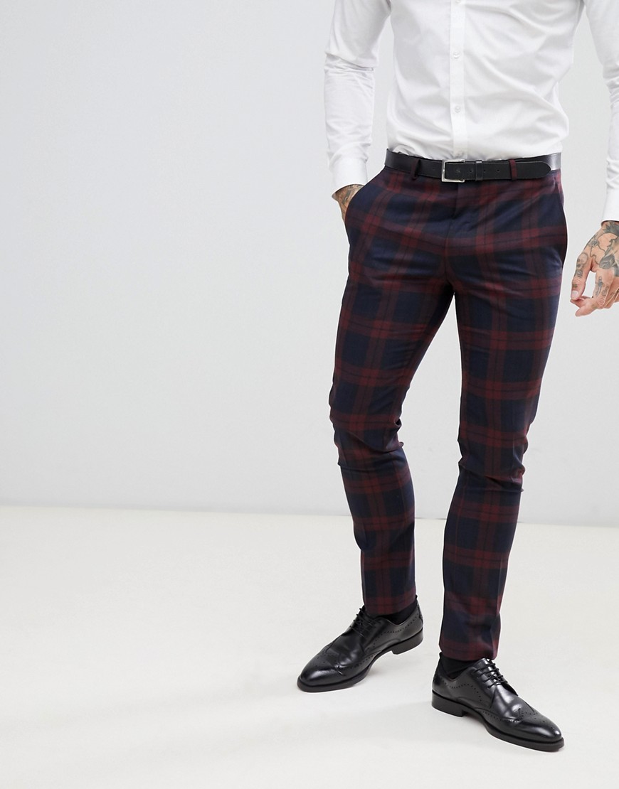 Twisted Tailor - Ginger - Pantaloni da abito super skinny a quadri bordeaux-Rosso