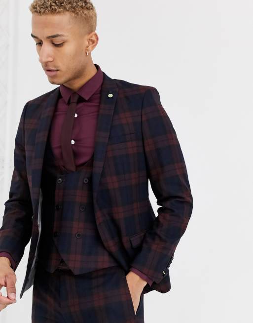 Twisted Tailor super skinny fit suit in burgundy check, 2 of 3