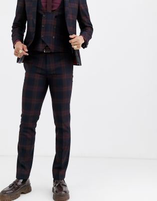 Twisted Tailor Ginger super skinny fit suit trouser in burgundy check-Red Red
