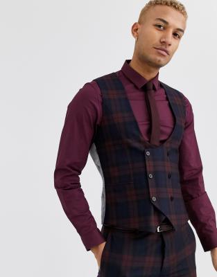 Twisted Tailor Ginger super skinny fit waistcoat in burgundy check-Red Red