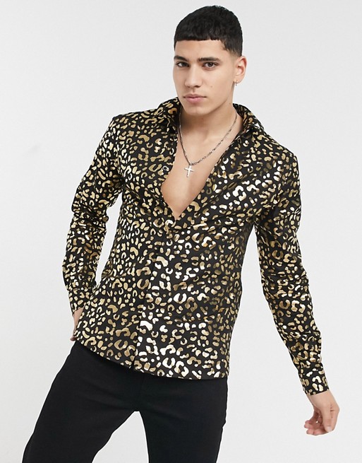 Twisted Tailor gold floral animal print shirt in black