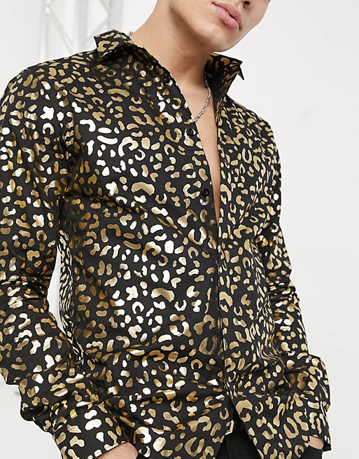 Men Twisted Tailor gold floral animal print shirt in black 