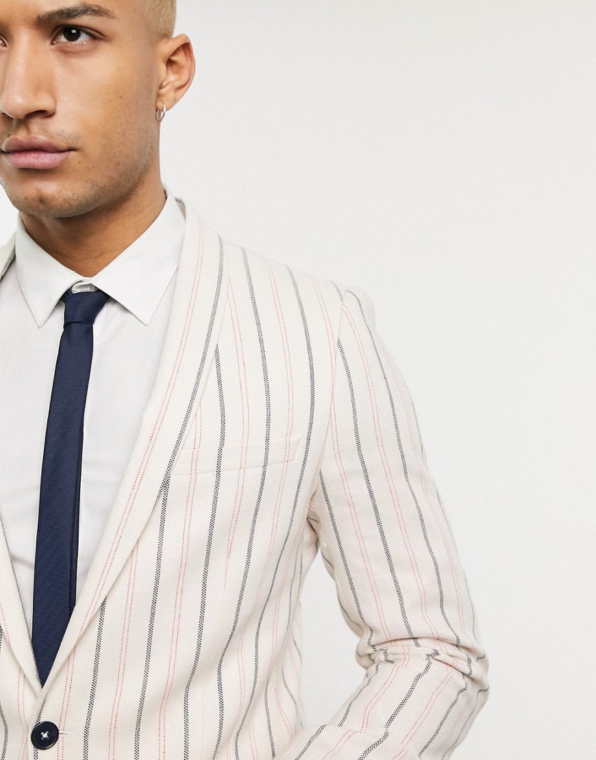 Twisted Tailor – Gräddvit randig kavaj med extra smal passform, del av kostym