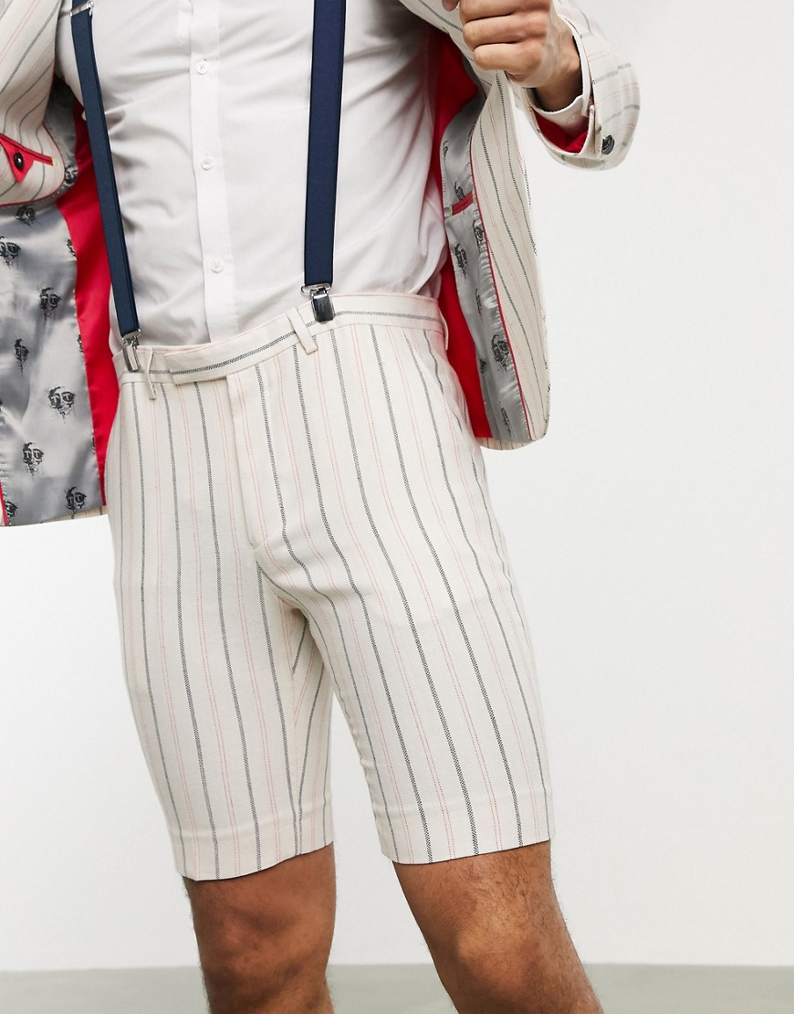 Twisted Tailor – Gräddvita randiga kostymshorts med extra smal passform