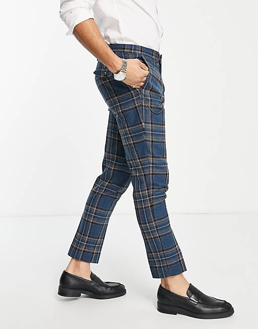 Men Twisted Tailor Gravette trousers in blue and orange check 