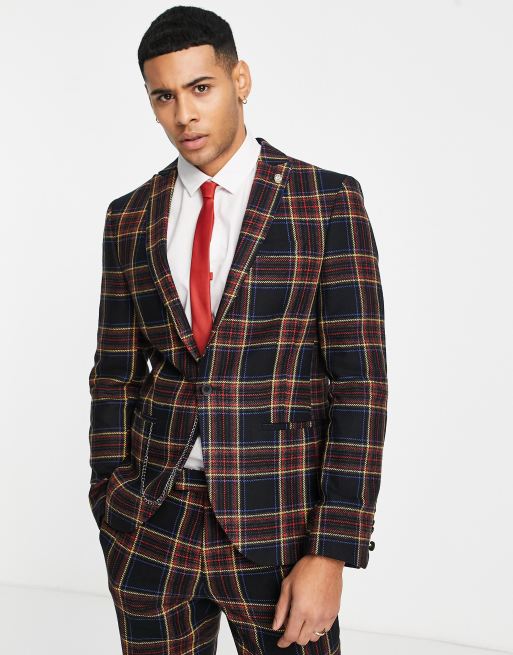 Twisted Tailor - Greco - Giacca da abito skinny nera e rossa a quadri