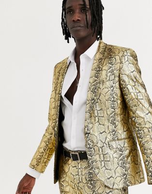 Twisted Tailor – Guldfärgad ormskinnsmönstrad kavaj med extra smal passform, del av kostym