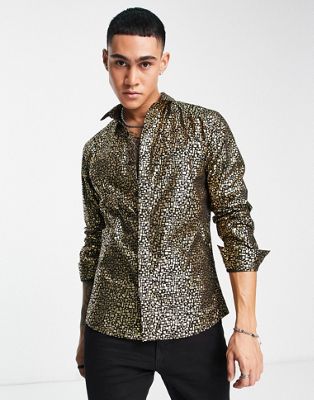 Twisted Tailor haslam slim shirt in black with gold geometric foil print