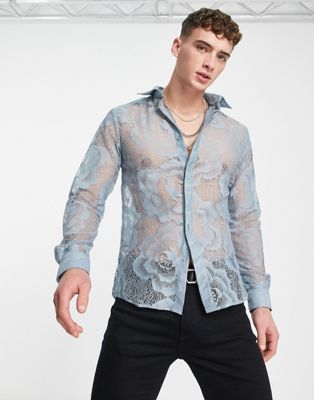Twisted Tailor hayek slim shirt in blue floral lace