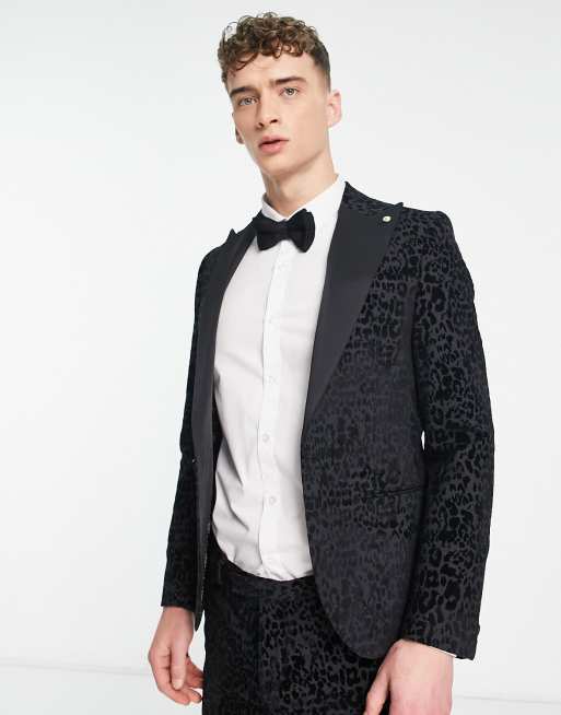 Twisted Tailor - Helfand - Giacca da abito skinny grigio antracite con motivo leopardato floccato