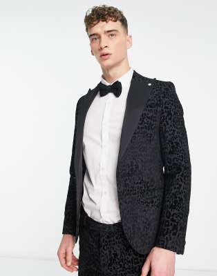 Twisted Tailor Twisted Tailor helfand skinny suit jacket in charcoal with leopard print flock-Black