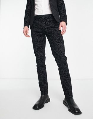 Twisted Tailor helfand skinny suit trousers in charcoal with leopard print flock