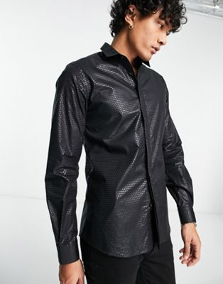Twisted Tailor hester slim shirt in black sequin foil - ASOS Price Checker