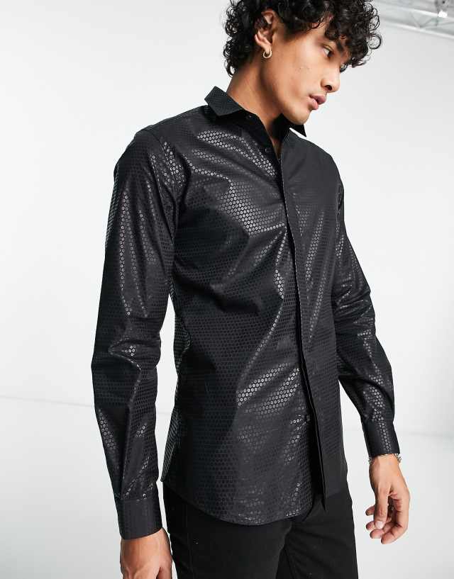 Twisted Tailor hester slim shirt in black sequin foil