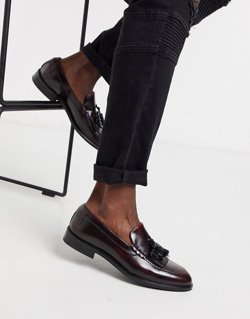 Twisted Tailor high shine loafer with tassels in burgundy